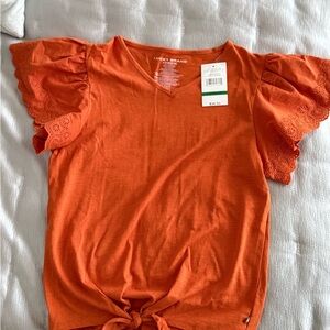 Lucky Brand Women's Vibrant Orange Tee with Lace Sleeves